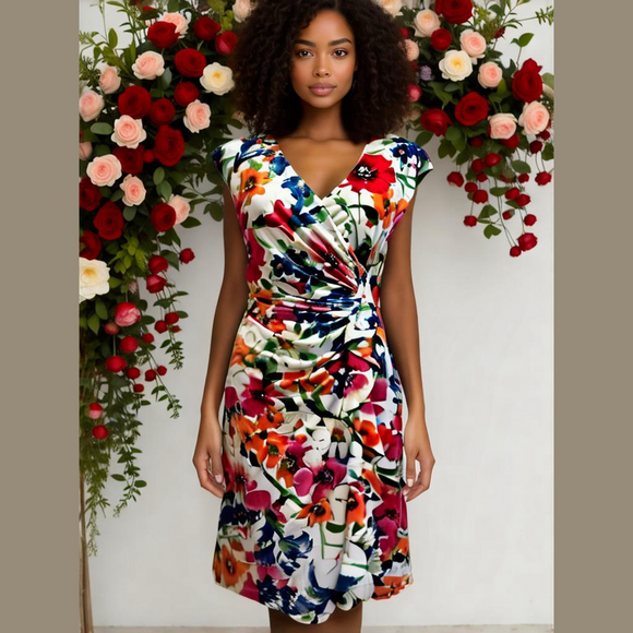 American Living Dresses & Skirts - 90s AMERICAN LIVING MULTI-COLOR FLORAL BODYCON W SIDE RUFFLE MIDI DRESS SZ 8